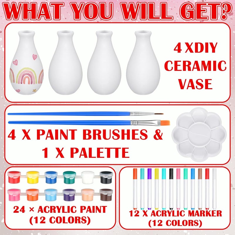 Singhoow 4 Set Valentine's Day Paint Your Own Porcelain Paint Vase Art Project White Ceramic Painting Kit for Adults Porcelain Vase Decorating Kit Holiday Supplies DIY(Stylish) - Image 3